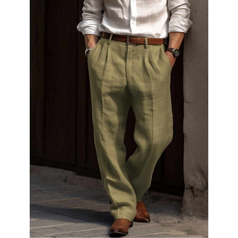 NOUVEAU RICHE Herren Leinenhose Plissiert Atmungsaktiv Bequeme Passform Grün
