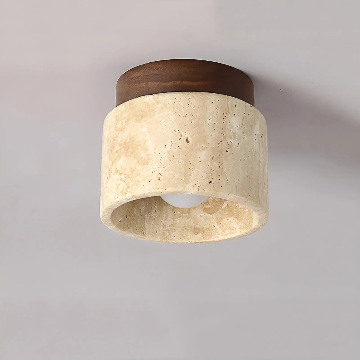 NOUVEAU RICHE Rustikale Travertin-Deckenleuchte – Wabi-Sabi Deckenlampe aus Stein & Holz, Japandi Leuchte, Walnuss oder Holz – TravaGlow