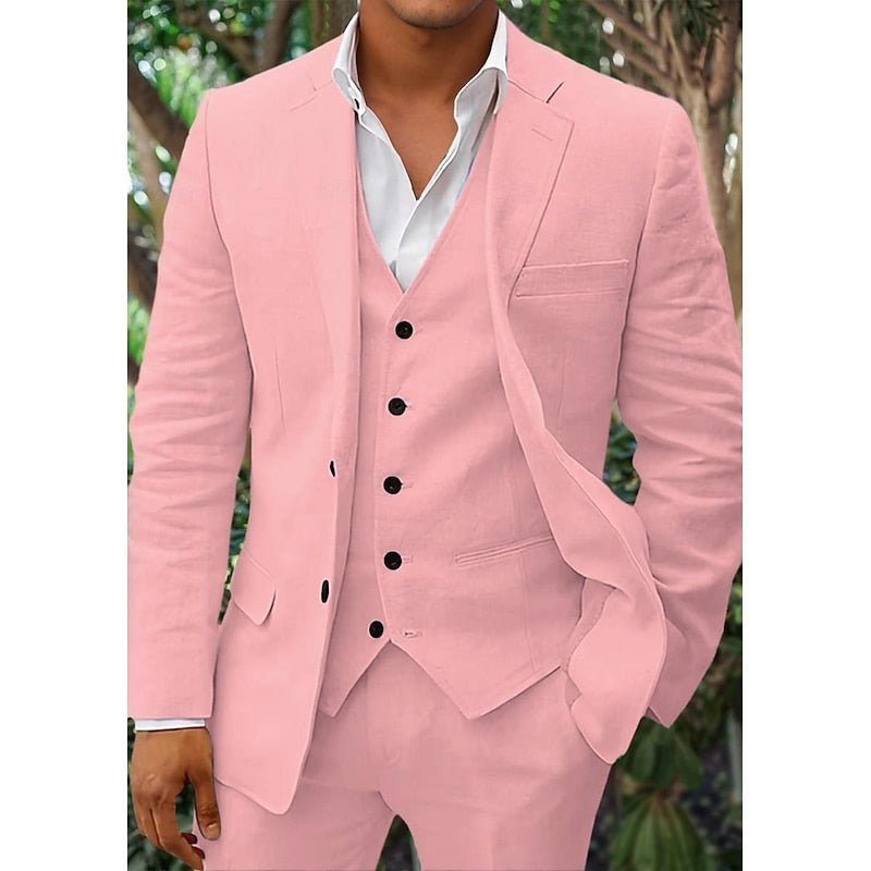 NOUVEAU RICHE Dreiteiliges Leinen Set Herren Blazer Weste Hose Komfort Rosa