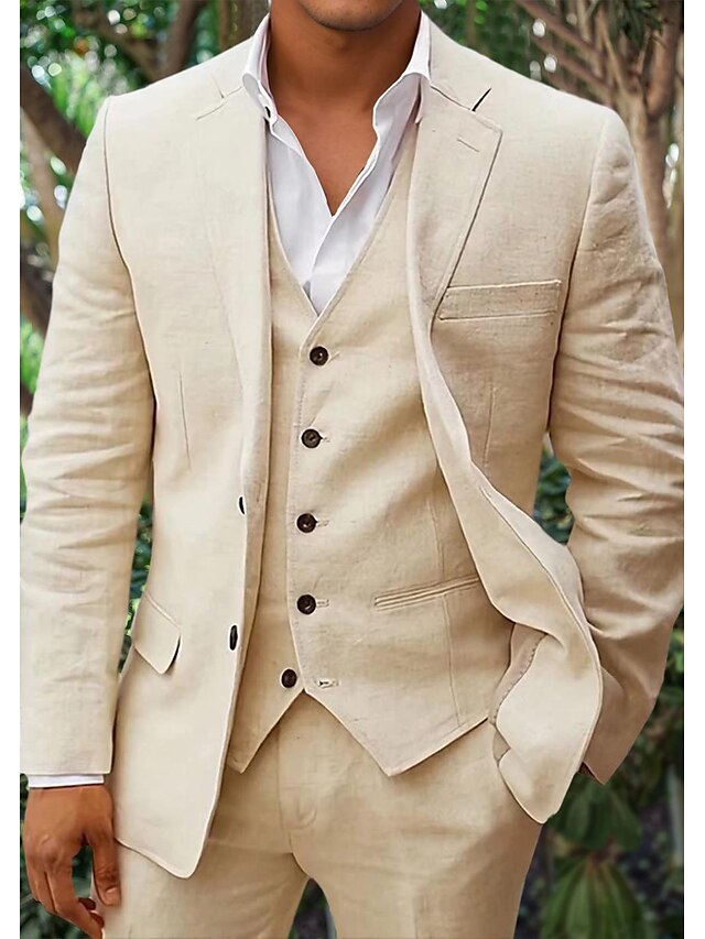 NOUVEAU RICHE Dreiteiliges Leinen Set Herren Blazer Weste Hose Komfort Beige