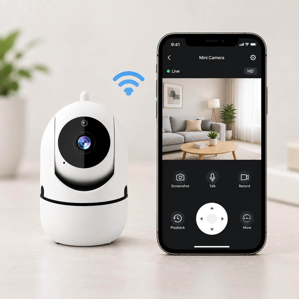 Drehbare WLAN-Innenkamera – Hundekamera & Babykamera mit 355° Schwenk, Auto-Tracking, 1080p, Ohne Abo – HomeView Mini