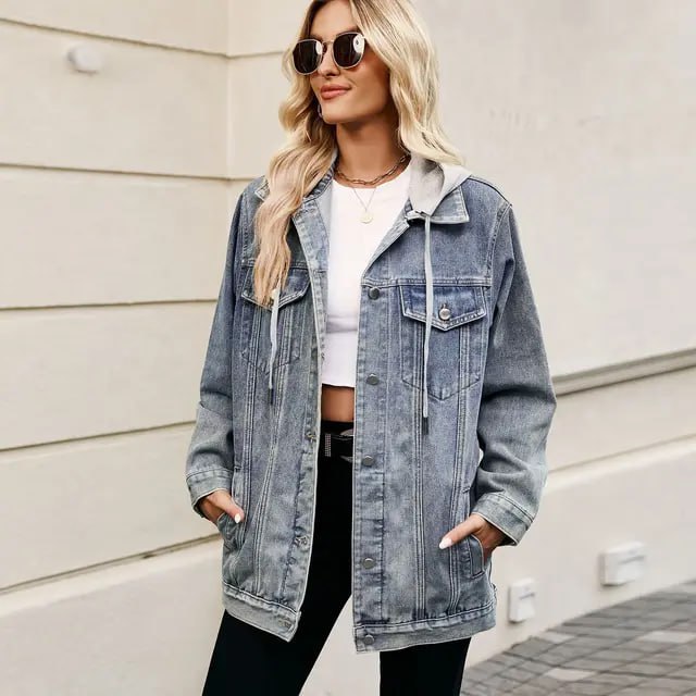 NOUVEAU RICHE Damen Vintage Jeansjacke Unter Ihrem Mantel Knopfverschluss Hellblau MIT KAPUZE