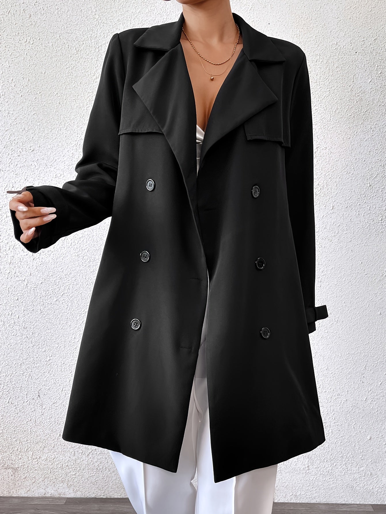 NOUVEAU RICHE Damen Wendbarer Langer Mantel Schleifen-Gürtel Trenchcoat Schwarz