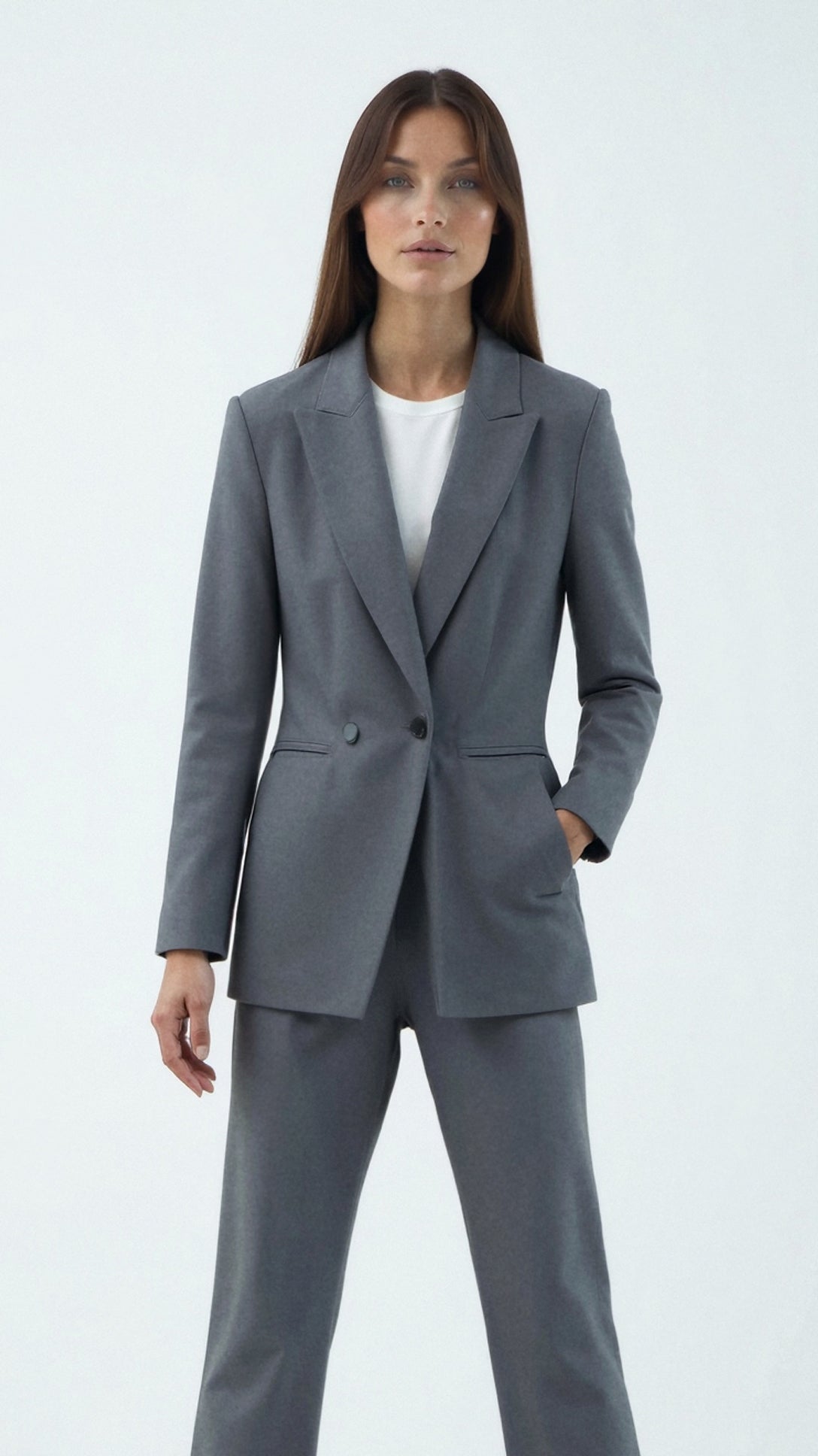 NOUVEAU RICHE Blazer Langgeschnittener Tailliert Grau Schwarz Klarer Stil - Winterjacke - Wintermäntel Damen Grau