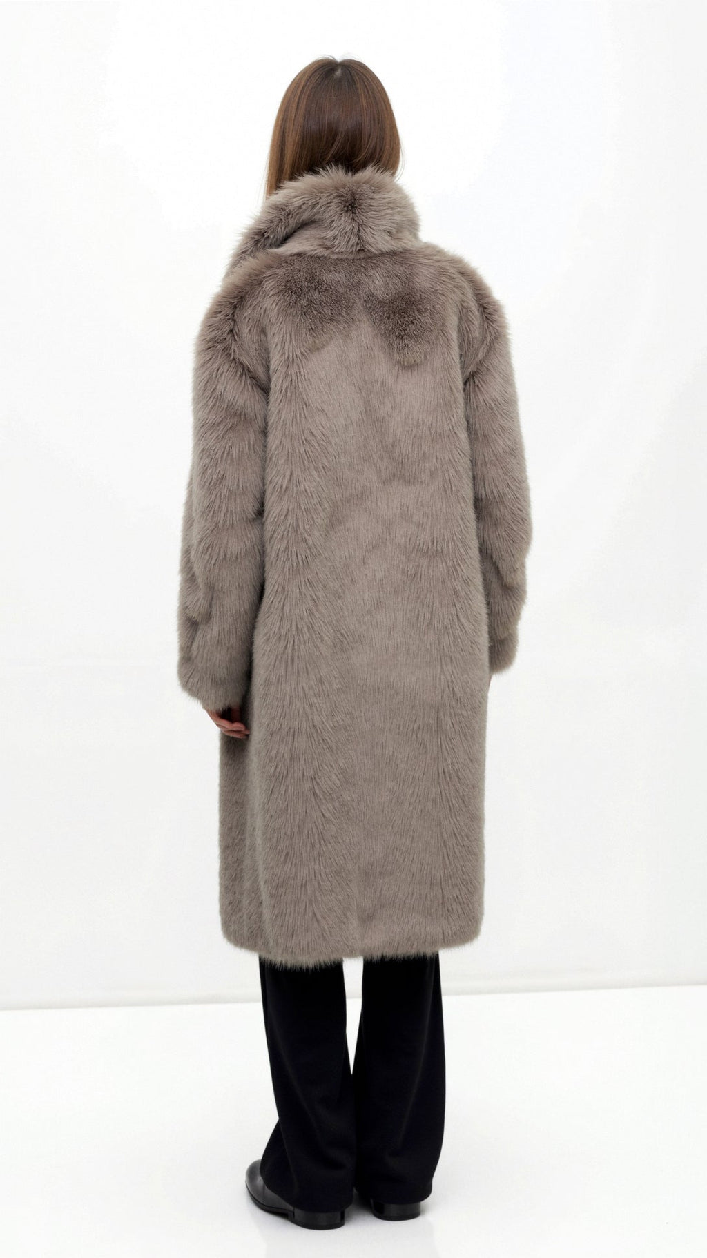 NOUVEAU RICHE Lange Kunstpelzjacke Schwarz Offene Front Seidiger Griff - Winterjacke - Wintermäntel Damen