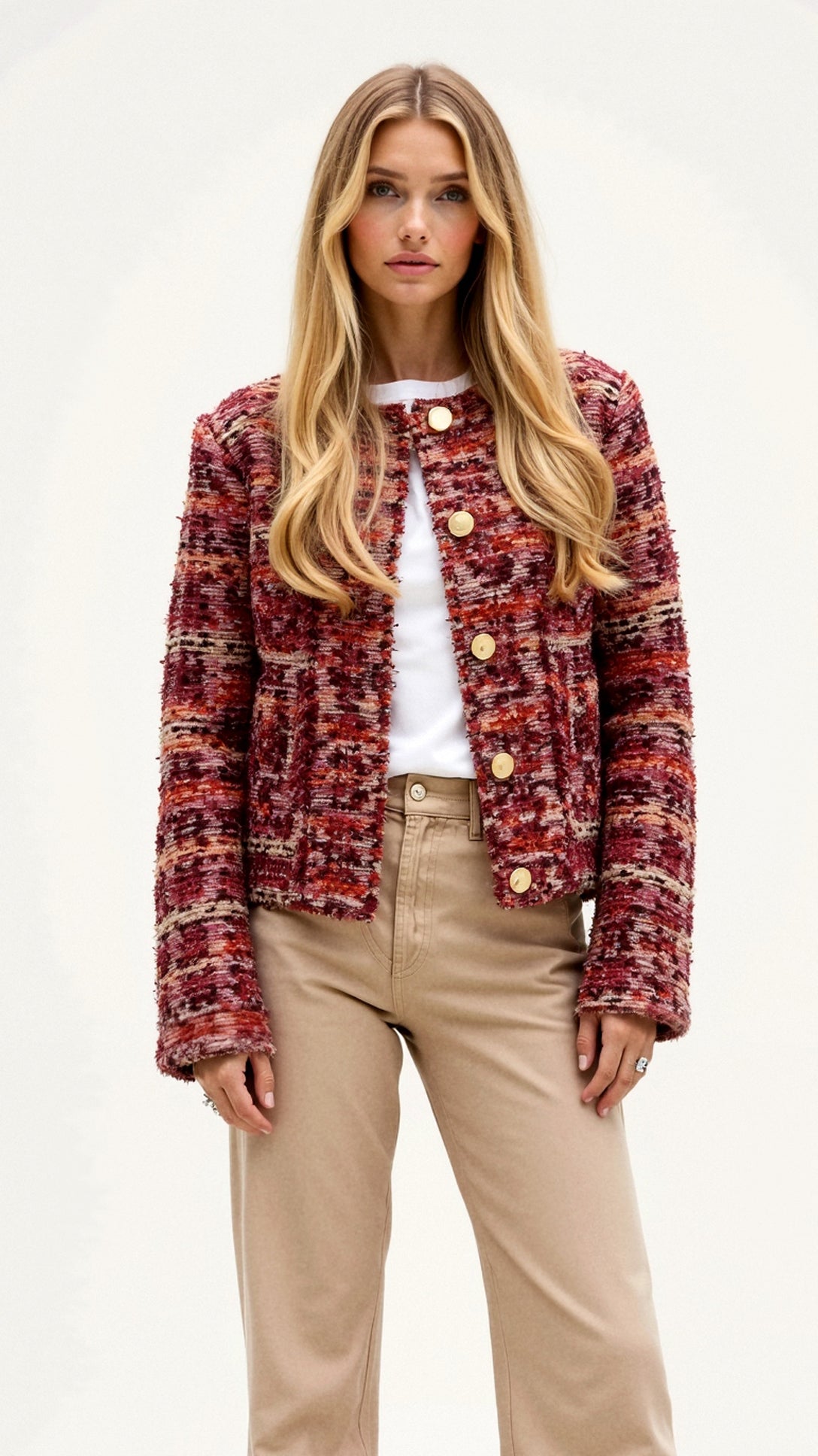 NOUVEAU RICHE Gestrickter Cardigan Bouclé Mélange mit Goldknöpfen - Winterjacke - Wintermäntel Damen Burgunder