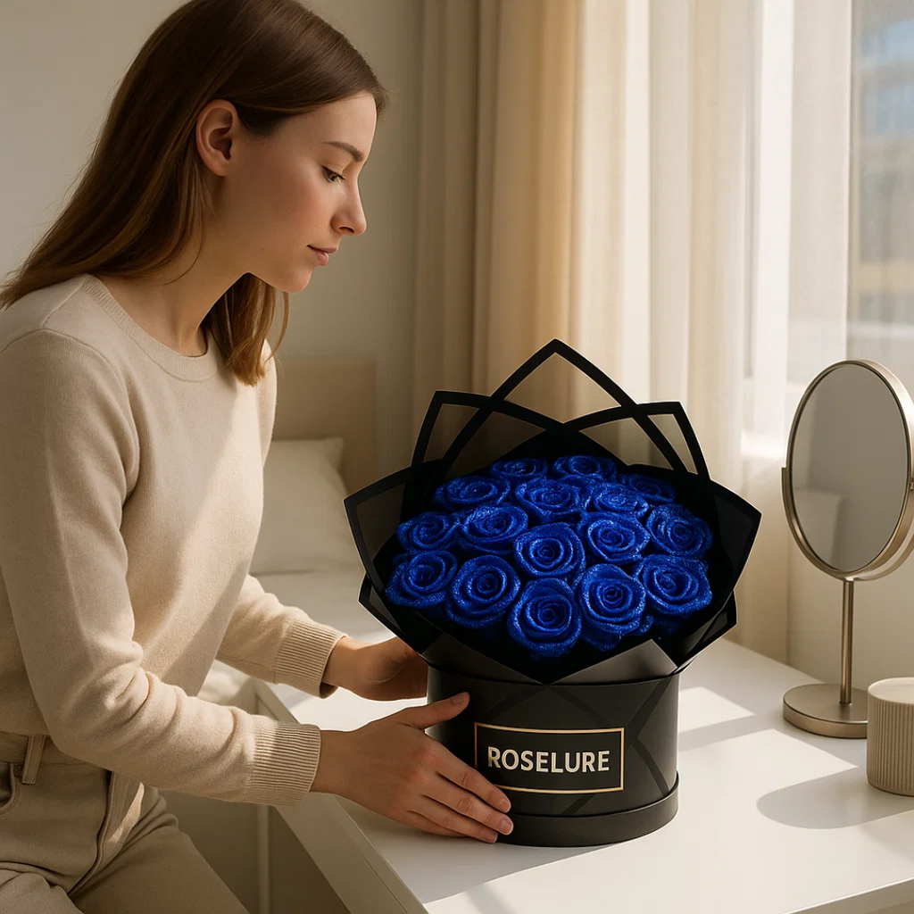 NOUVEAU RICHE Konservierte Rosen – Haltbare Rosen in Geschenkbox, Ewige Rosen Blau oder Rot, 30 oder 50 Stück – RoseLure