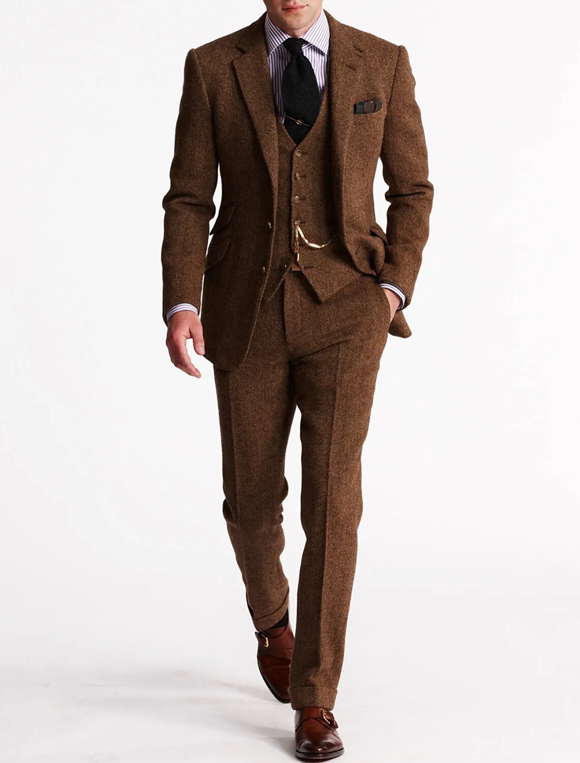 NOUVEAU RICHE Tweed Smokinganzug Herren Dreiteilig Klassisch Elegant Braun