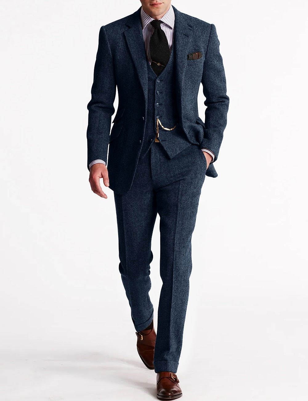 NOUVEAU RICHE Tweed Smokinganzug Herren Dreiteilig Klassisch Elegant Marineblau
