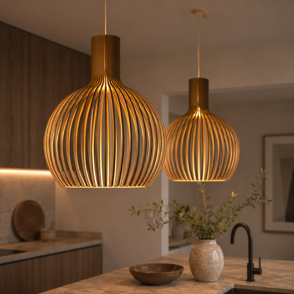NOUVEAU RICHE Skandinavische Pendelleuchte aus Holz – Lamellen Hängelampe für den Esstisch, E27, Ø23 / Ø35 / Ø45 cm Holz