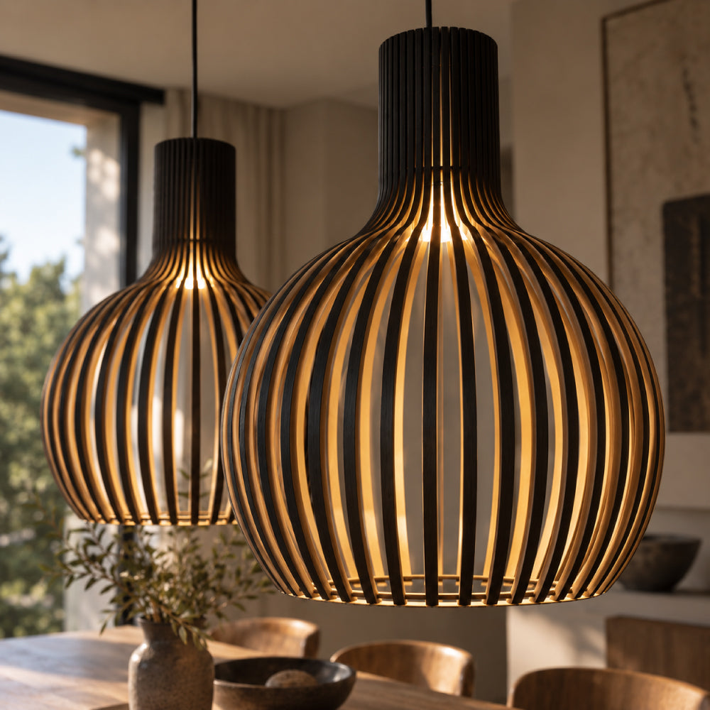 NOUVEAU RICHE Skandinavische Pendelleuchte aus Holz – Lamellen Hängelampe für den Esstisch, E27, Ø23 / Ø35 / Ø45 cm