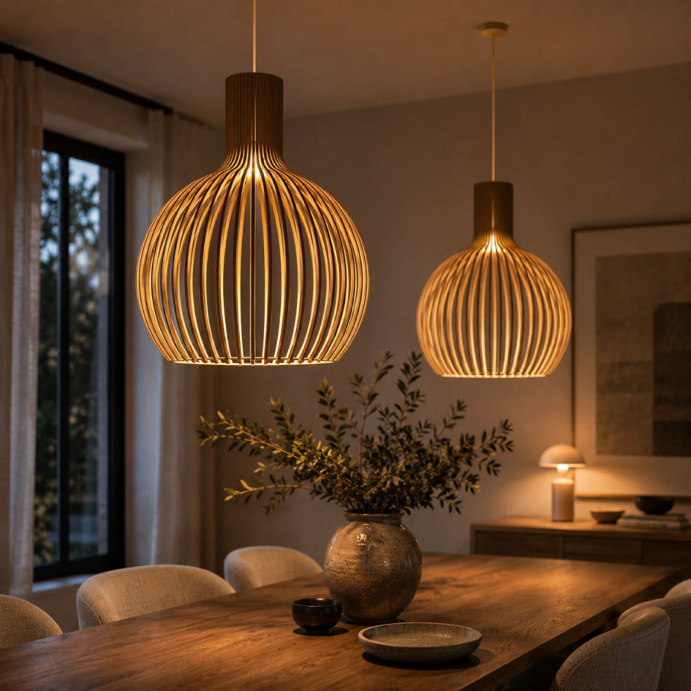 NOUVEAU RICHE Skandinavische Pendelleuchte aus Holz – Lamellen Hängelampe für den Esstisch, E27, Ø23 / Ø35 / Ø45 cm