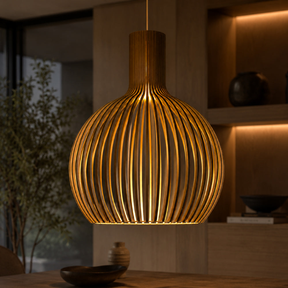 NOUVEAU RICHE Skandinavische Pendelleuchte aus Holz – Lamellen Hängelampe für den Esstisch, E27, Ø23 / Ø35 / Ø45 cm
