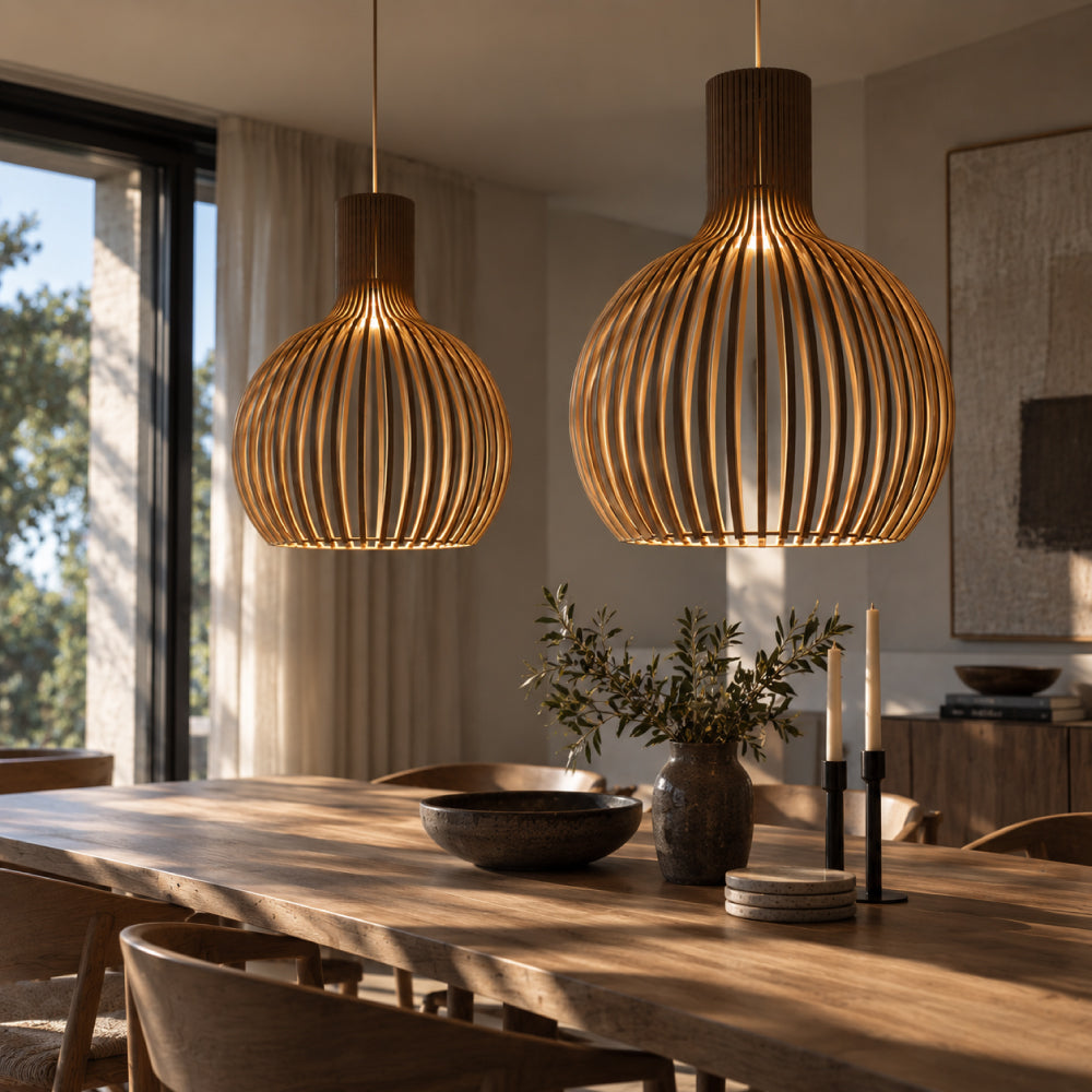 NOUVEAU RICHE Skandinavische Pendelleuchte aus Holz – Lamellen Hängelampe für den Esstisch, E27, Ø23 / Ø35 / Ø45 cm