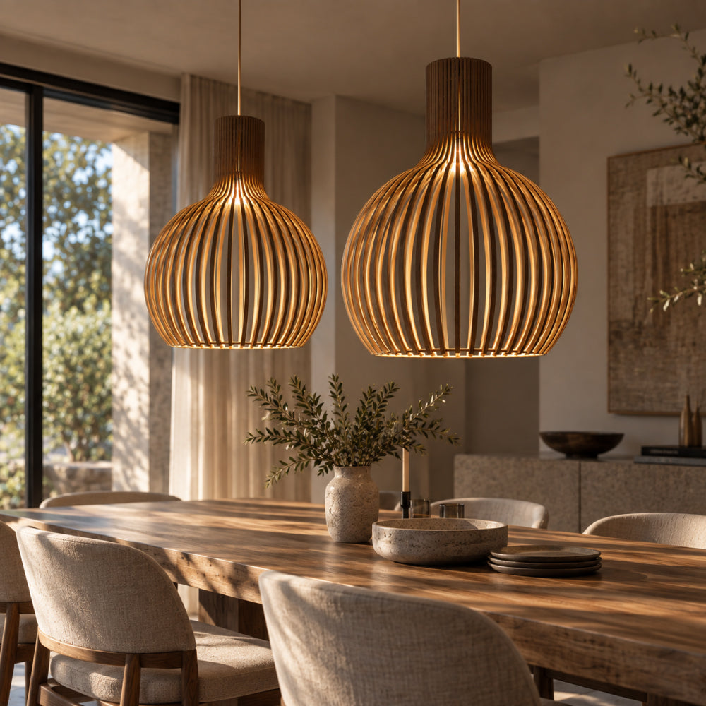 NOUVEAU RICHE Skandinavische Pendelleuchte aus Holz – Lamellen Hängelampe für den Esstisch, E27, Ø23 / Ø35 / Ø45 cm