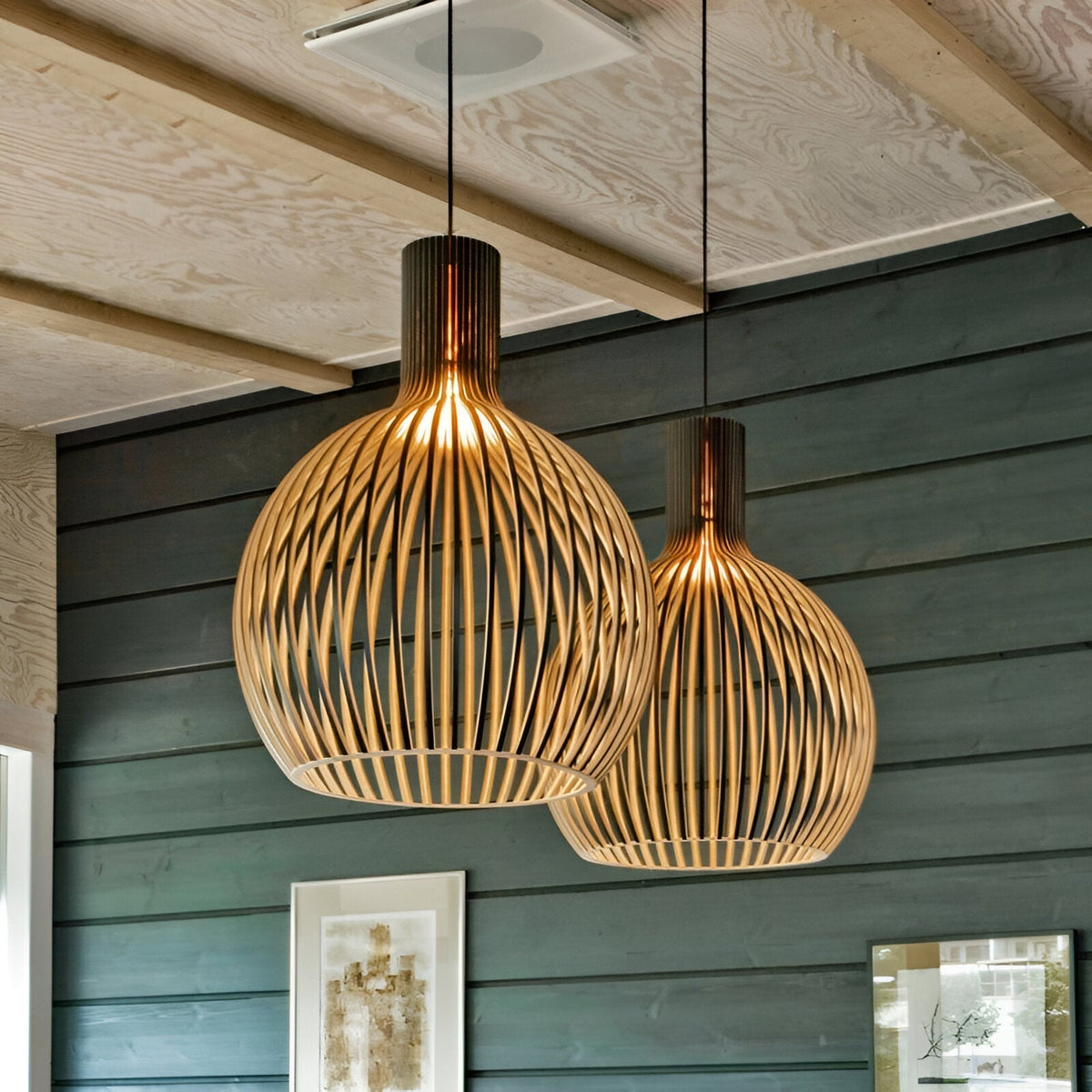 NOUVEAU RICHE Skandinavische Pendelleuchte aus Holz – Lamellen Hängelampe für den Esstisch, E27, Ø23 / Ø35 / Ø45 cm