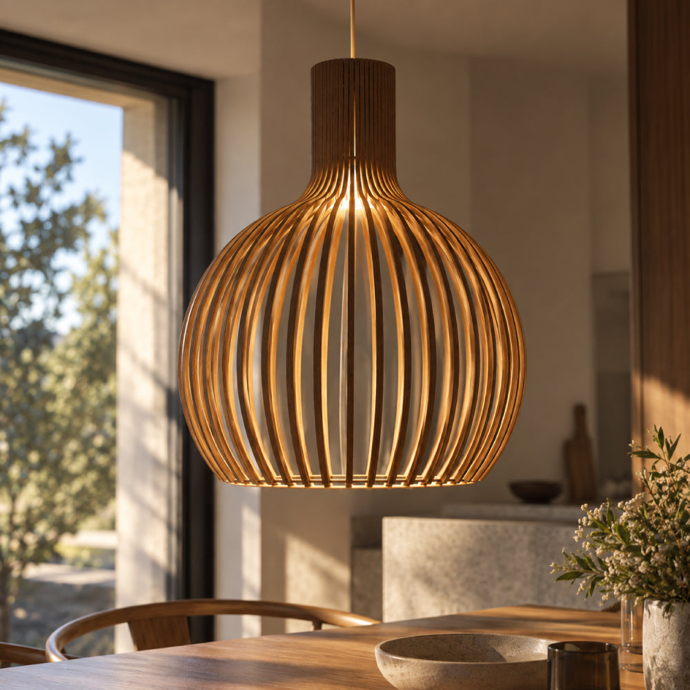 NOUVEAU RICHE Skandinavische Pendelleuchte aus Holz – Lamellen Hängelampe für den Esstisch, E27, Ø23 / Ø35 / Ø45 cm