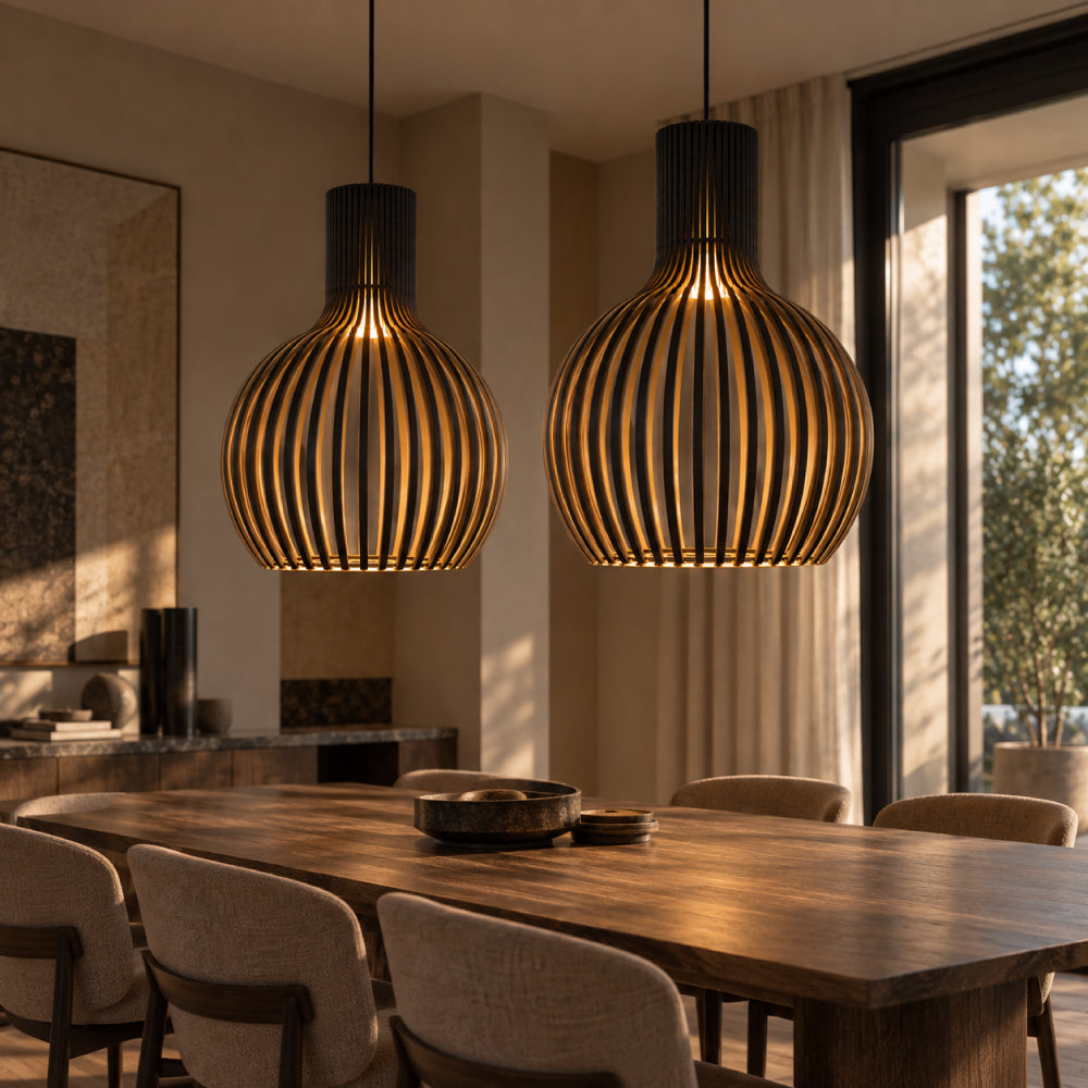 NOUVEAU RICHE Skandinavische Pendelleuchte aus Holz – Lamellen Hängelampe für den Esstisch, E27, Ø23 / Ø35 / Ø45 cm Schwarzes Außenteil Holzinnenteil