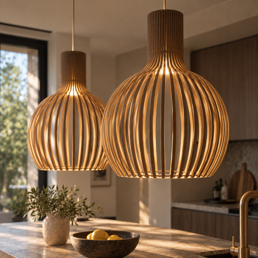 NOUVEAU RICHE Skandinavische Pendelleuchte aus Holz – Lamellen Hängelampe für den Esstisch, E27, Ø23 / Ø35 / Ø45 cm