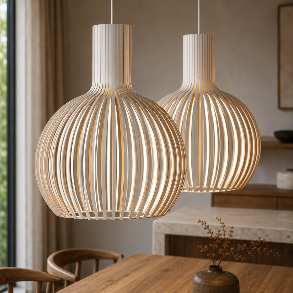 NOUVEAU RICHE Skandinavische Pendelleuchte aus Holz – Lamellen Hängelampe für den Esstisch, E27, Ø23 / Ø35 / Ø45 cm Weißes Außenteil Holzinnenteil