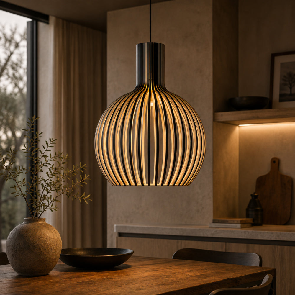NOUVEAU RICHE Skandinavische Pendelleuchte aus Holz – Lamellen Hängelampe für den Esstisch, E27, Ø23 / Ø35 / Ø45 cm