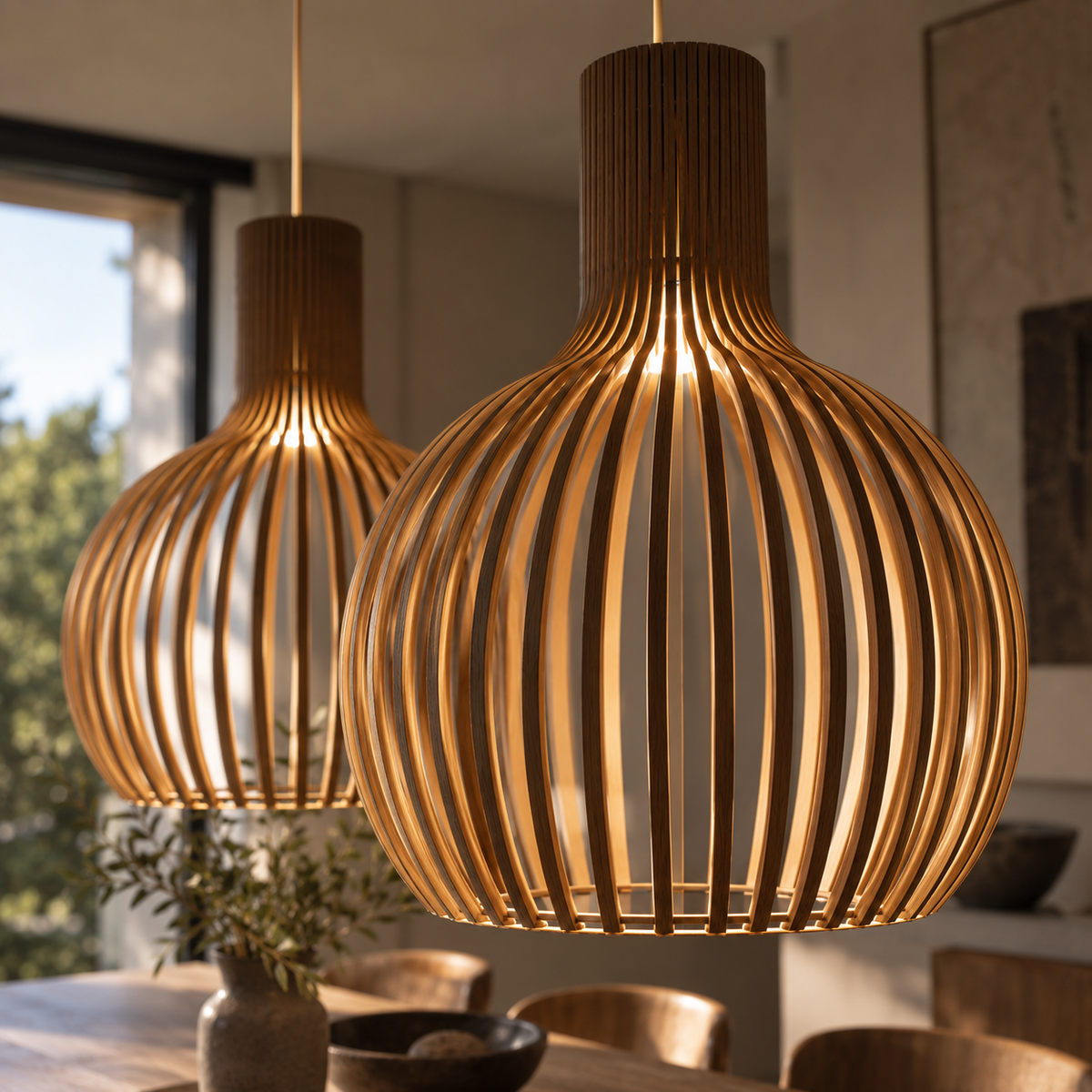 NOUVEAU RICHE Skandinavische Pendelleuchte aus Holz – Lamellen Hängelampe für den Esstisch, E27, Ø23 / Ø35 / Ø45 cm