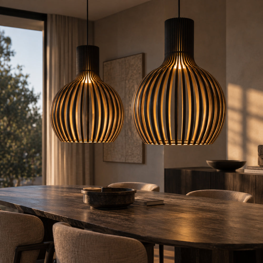NOUVEAU RICHE Skandinavische Pendelleuchte aus Holz – Lamellen Hängelampe für den Esstisch, E27, Ø23 / Ø35 / Ø45 cm