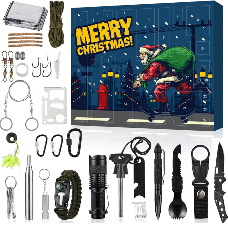 NOUVEAU RICHE Outdoor-Survival-Adventskalender 24 Tage – Adventskalender mit Camping-Gadgets & Werkzeug für Abenteurer Weihnachtsmann