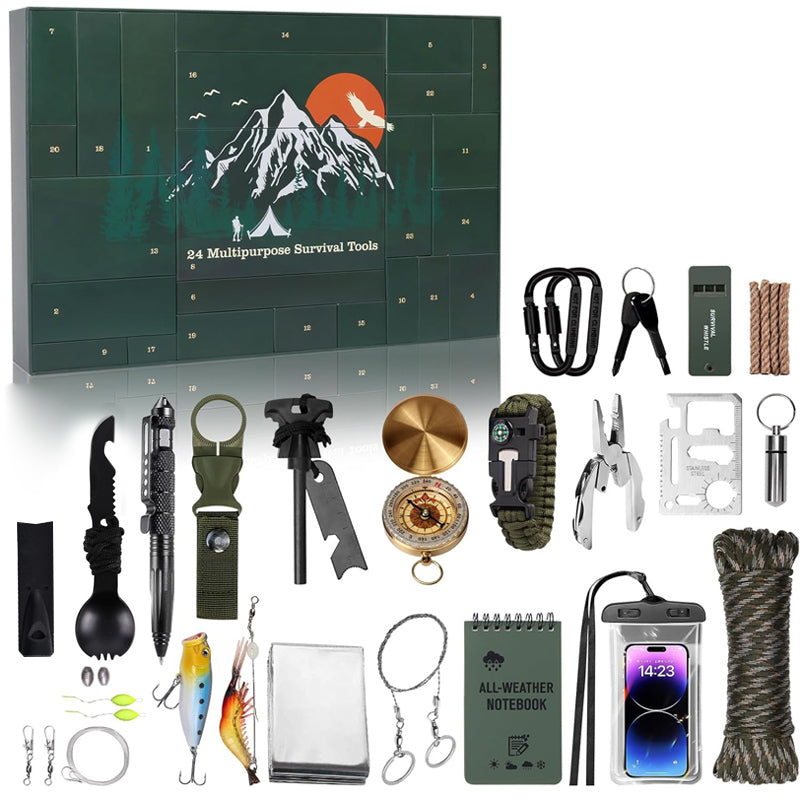 NOUVEAU RICHE Outdoor-Survival-Adventskalender 24 Tage – Adventskalender mit Camping-Gadgets & Werkzeug für Abenteurer Schneeberg