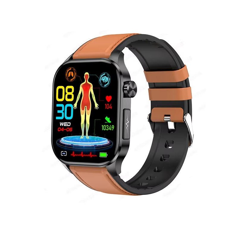 NOUVEAU RICHE Smartwatch für Senioren – Grosses 2,04" AMOLED Display, Bluetooth Telefonie, SOS-Taste, Puls- & Schlaftracking, 6 Armbänder Braunes Lederarmband