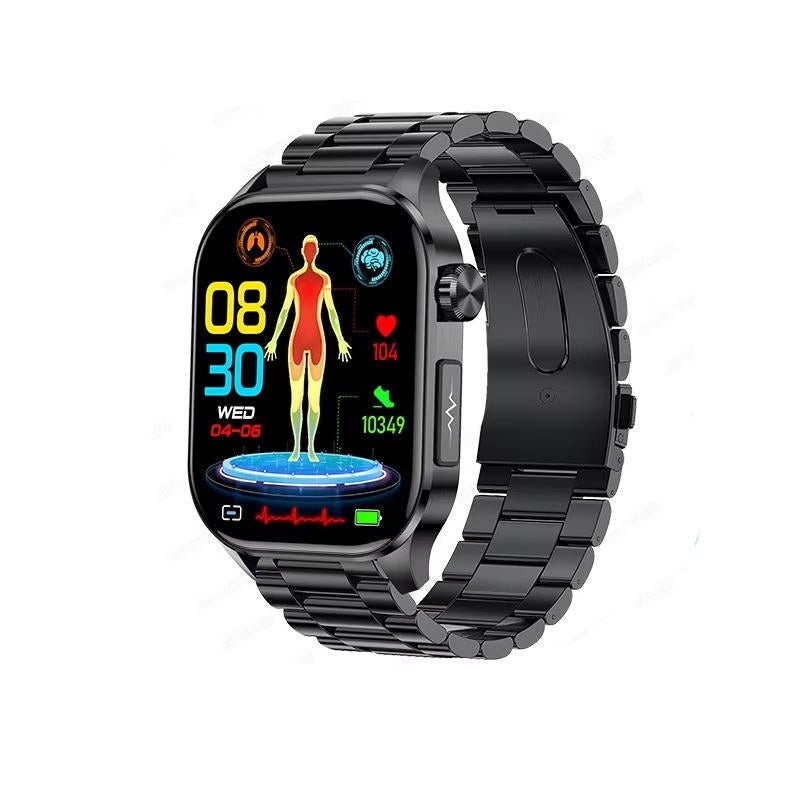 NOUVEAU RICHE Smartwatch für Senioren – Grosses 2,04" AMOLED Display, Bluetooth Telefonie, SOS-Taste, Puls- & Schlaftracking, 6 Armbänder Schwarzes Stahlarmband
