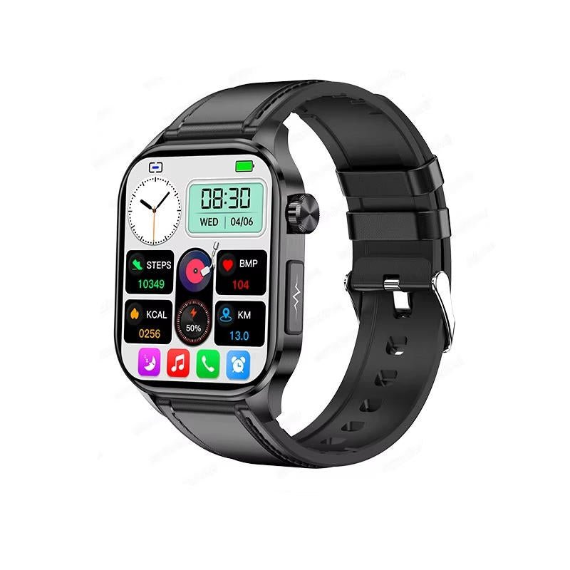 NOUVEAU RICHE Smartwatch für Senioren – Grosses 2,04" AMOLED Display, Bluetooth Telefonie, SOS-Taste, Puls- & Schlaftracking, 6 Armbänder Schwarzes Lederarmband