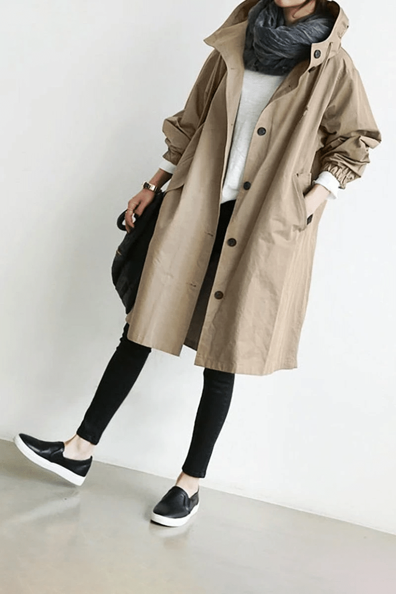 NOUVEAU RICHE Damen Windjacke mit Knöpfen und Kapuze Wasserdicht Khaki