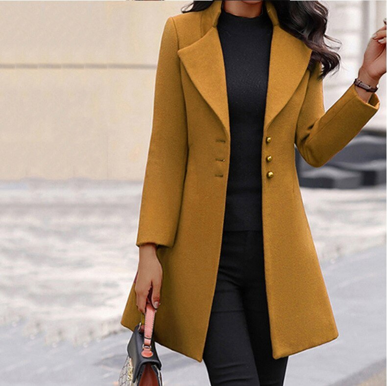 NOUVEAU RICHE Mantel Damen Warm Gefüttert Elegant Schnitt Vielseitig - Winterjacke - Wintermäntel Damen Gelb