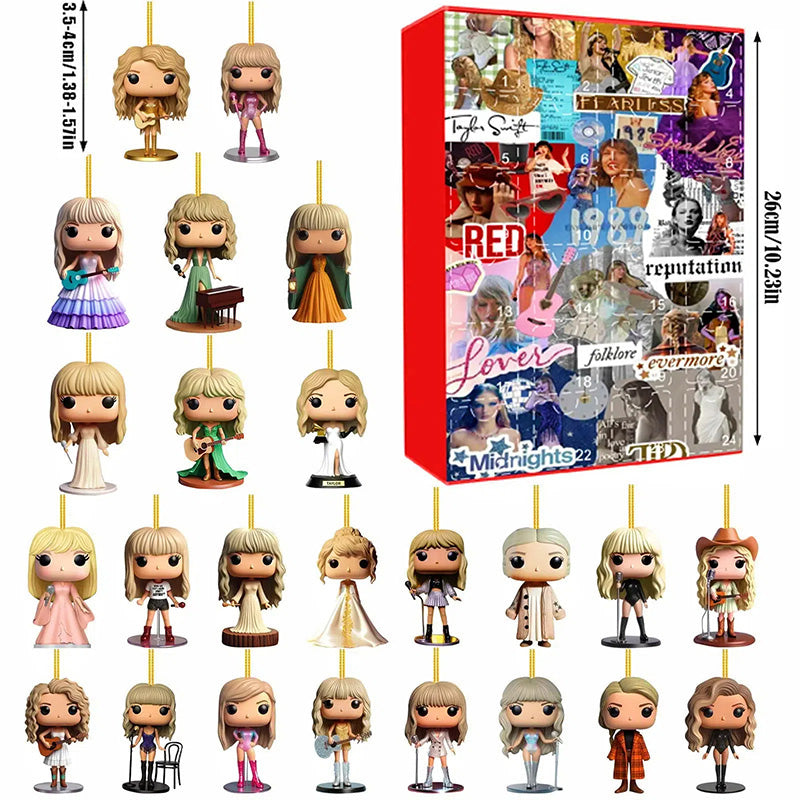 NOUVEAU RICHE Adventskalender Popstar Thema – 24 handgemachte 2D-Figuren für Christbaum oder Tasche, Weihnachtsgeschenk für Musikfans