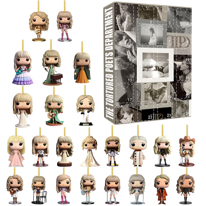 NOUVEAU RICHE Adventskalender Popstar Thema – 24 handgemachte 2D-Figuren für Christbaum oder Tasche, Weihnachtsgeschenk für Musikfans B