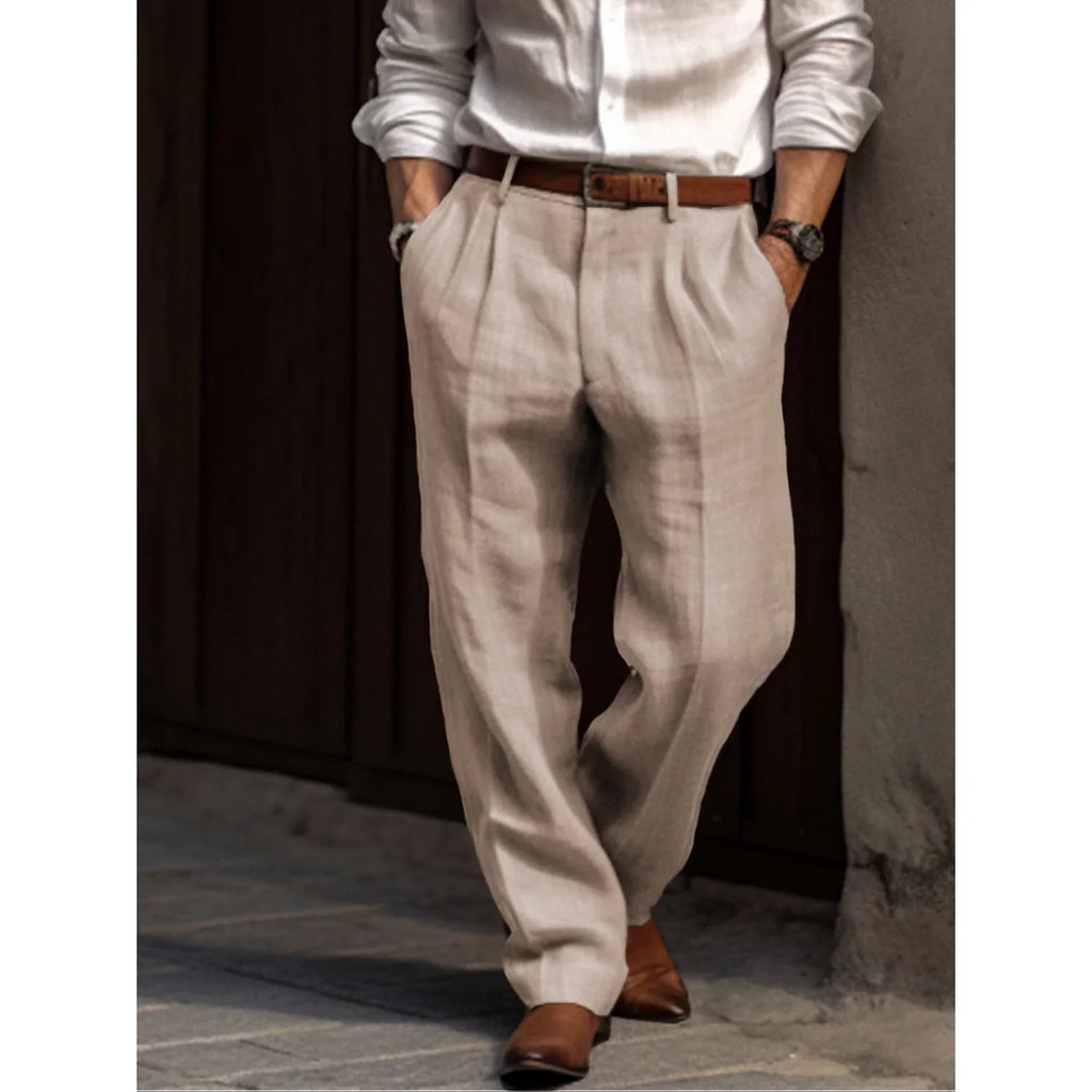 NOUVEAU RICHE Herren Leinenhose Plissiert Atmungsaktiv Bequeme Passform Beige