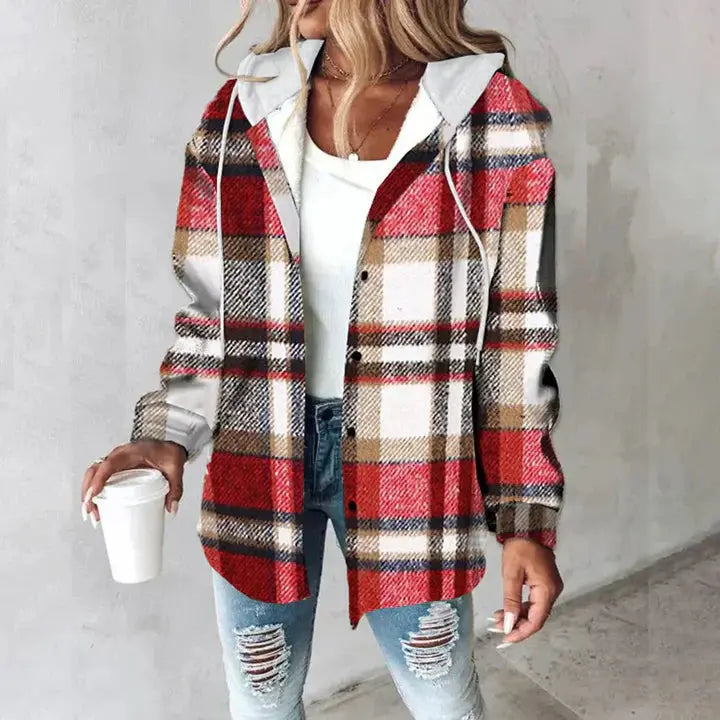 NOUVEAU RICHE Karierte Jacke mit Kapuze – Damen Karojacke mit Kapuze, wärmend & bequem, 6 Farben, S–2XL – Damaris Rot