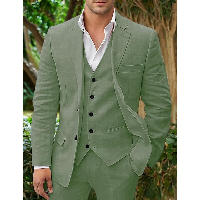 NOUVEAU RICHE Dreiteiliges Leinen Set Herren Blazer Weste Hose Komfort Grün