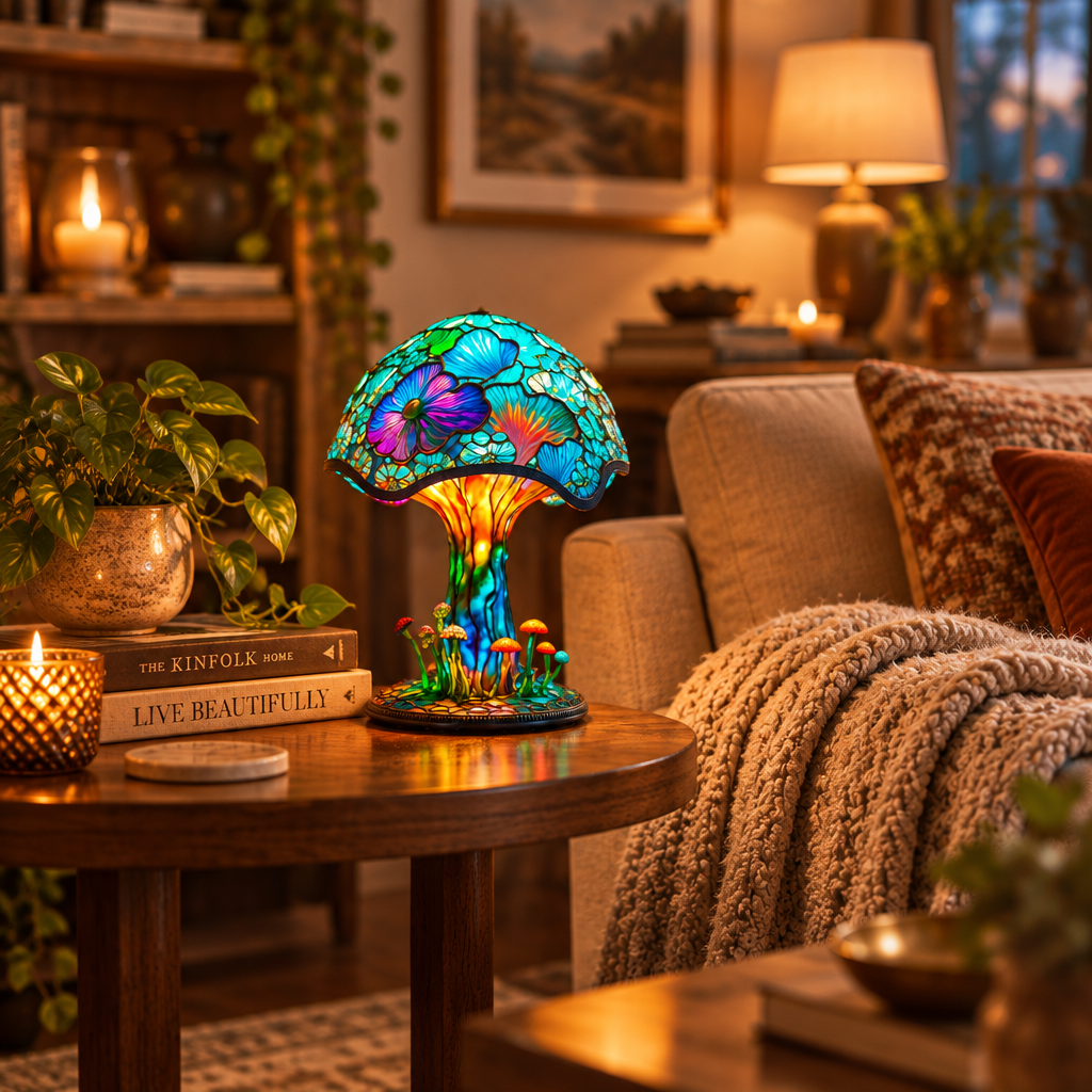NOUVEAU RICHE Bezaubernde Buntglas-Tischlampe – Pilzlampe & Blumenlampe im Tiffany-Look, Dekorative Nachttischlampe, 8 Designs – DreamGlow