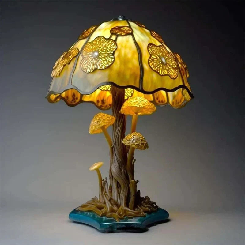 NOUVEAU RICHE Bezaubernde Buntglas-Tischlampe – Pilzlampe & Blumenlampe im Tiffany-Look, Dekorative Nachttischlampe, 8 Designs – DreamGlow Goldener Pilz