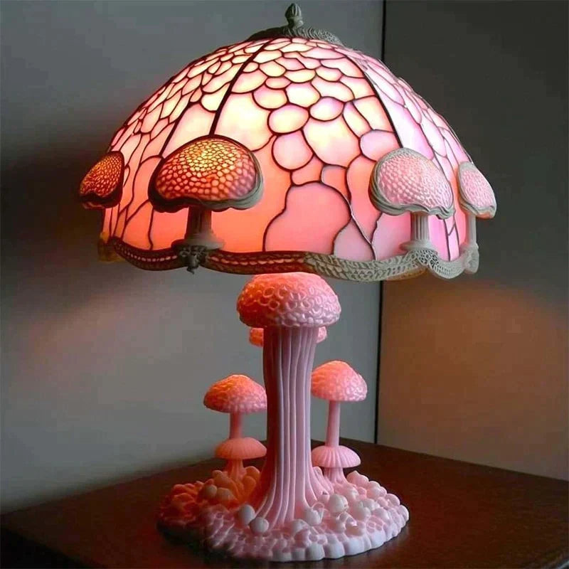 NOUVEAU RICHE Bezaubernde Buntglas-Tischlampe – Pilzlampe & Blumenlampe im Tiffany-Look, Dekorative Nachttischlampe, 8 Designs – DreamGlow Pinker Pilz