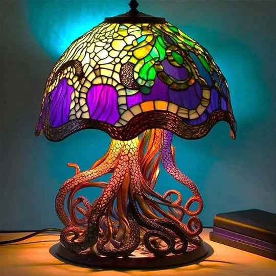NOUVEAU RICHE Bezaubernde Buntglas-Tischlampe – Pilzlampe & Blumenlampe im Tiffany-Look, Dekorative Nachttischlampe, 8 Designs – DreamGlow Oktopus