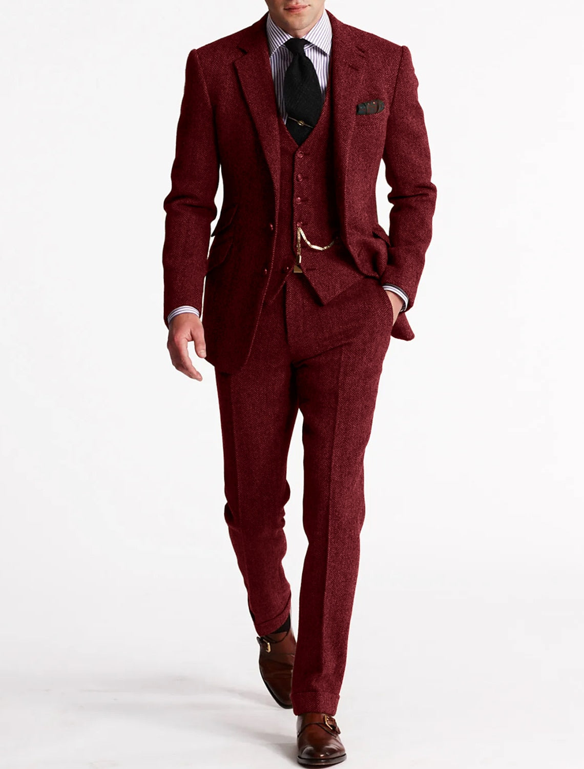 NOUVEAU RICHE Tweed Smokinganzug Herren Dreiteilig Klassisch Elegant Burgunderrot