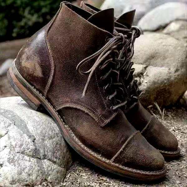 NOUVEAU RICHE Schnürstiefel Herren Leder Retro Stil – Bequem Gepolstert Khaki