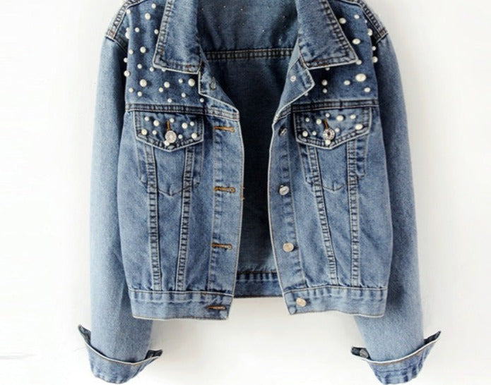 Damen Perlen Jeansjacke Pearl Mit Perlenverzierungen