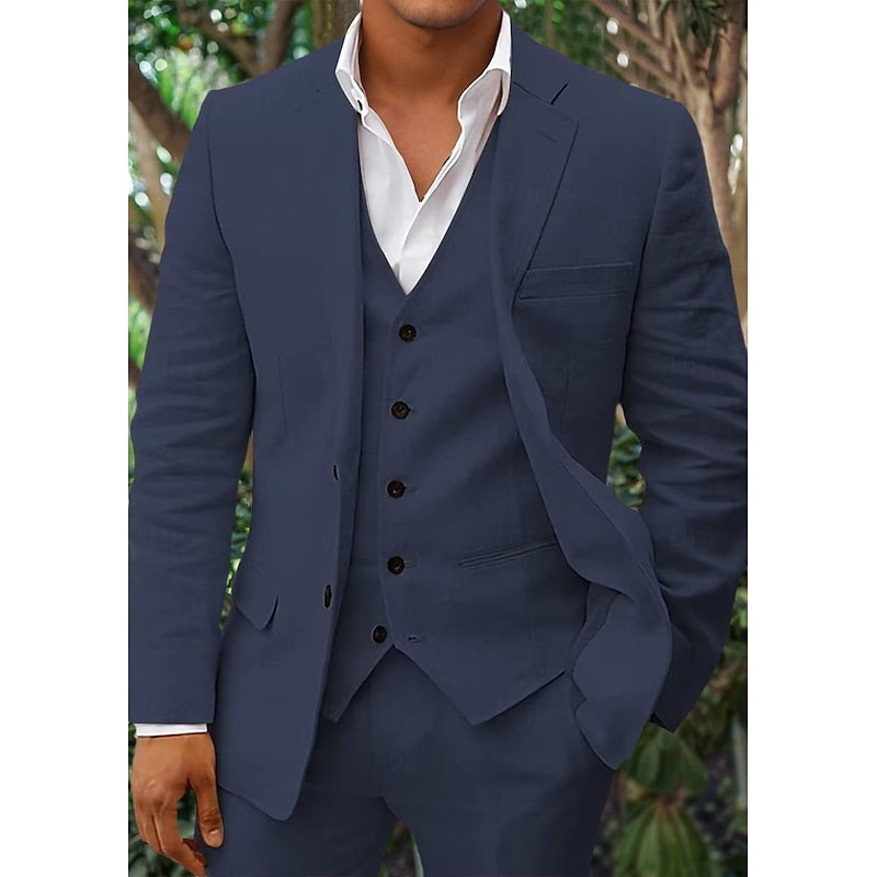 NOUVEAU RICHE Dreiteiliges Leinen Set Herren Blazer Weste Hose Komfort Marineblau