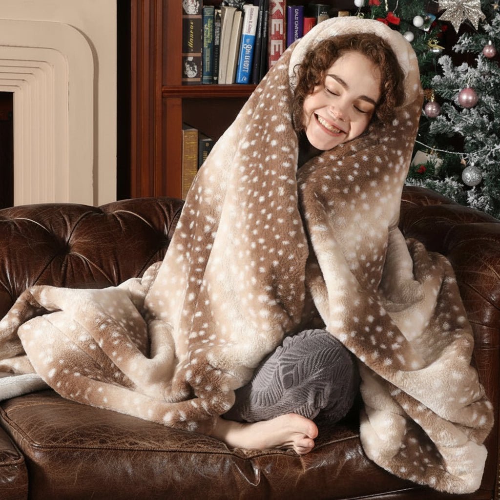 NOUVEAU RICHE Kuscheldecke aus Kunstfell mit Hirschmotiv – Wendbare Plüschdecke für Sofa & Bett, Beige oder Grau, 4 Grössen