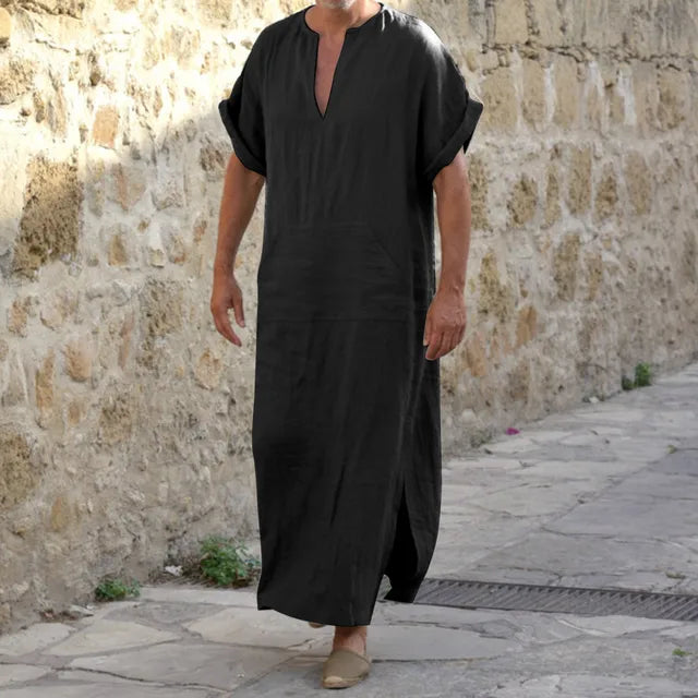 NOUVEAU RICHE Djellaba mit V-Ausschnitt – Bequemes Gewand aus weichem, atmungsaktivem Stoff, 4 Farben, S–5XL – Admire Schwarz