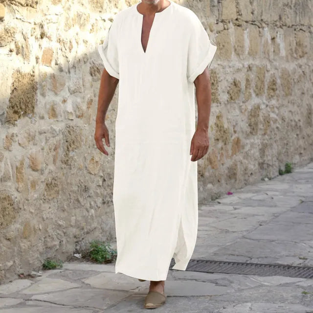 NOUVEAU RICHE Djellaba mit V-Ausschnitt – Bequemes Gewand aus weichem, atmungsaktivem Stoff, 4 Farben, S–5XL – Admire Weiss